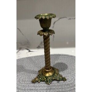 Antique Brass Candlestick Unique 3 Footed Leaf Topped With Spiral Centers